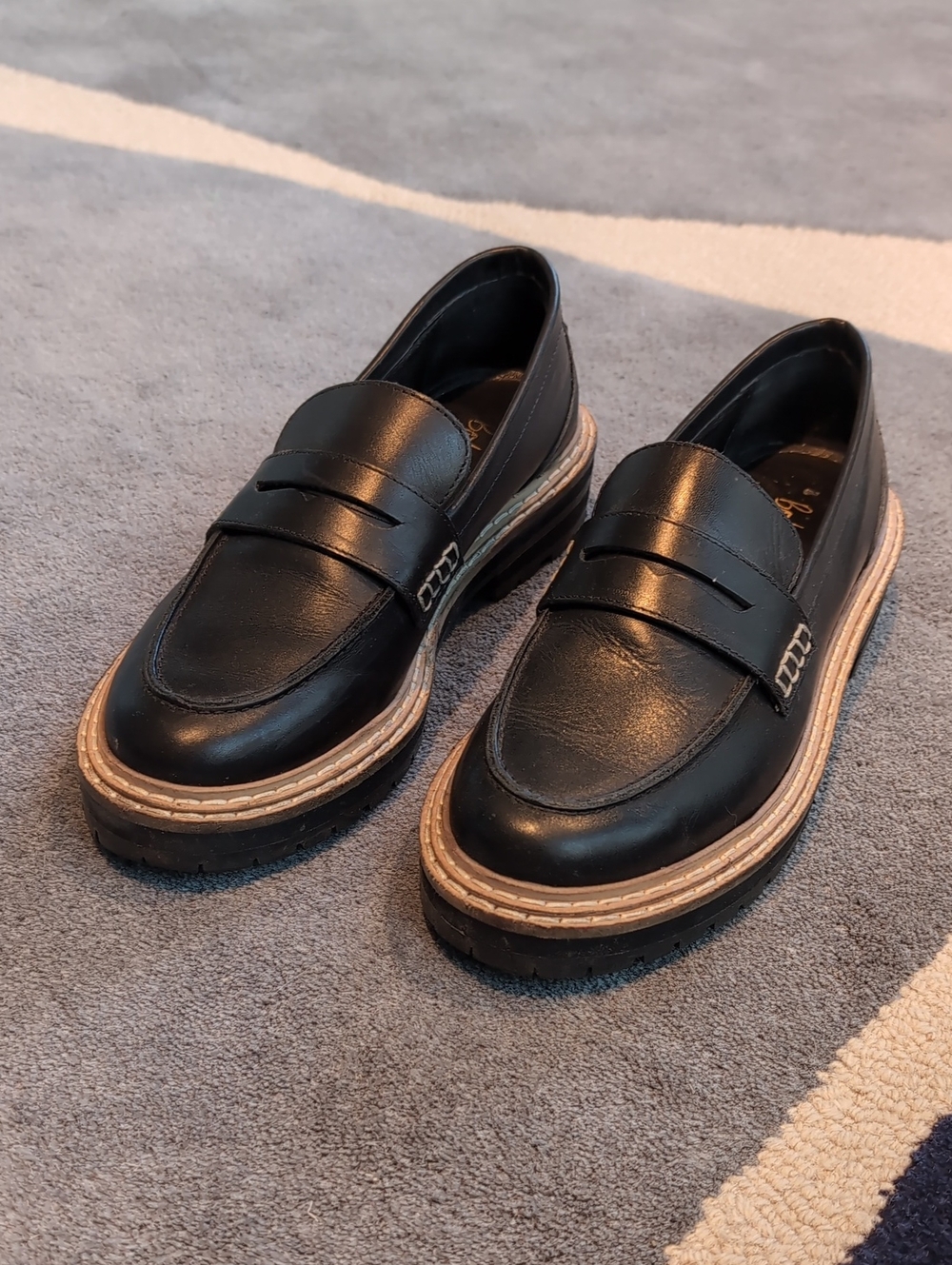 Boden Black Leather Penny Loafers with Contrasting Tan Welt